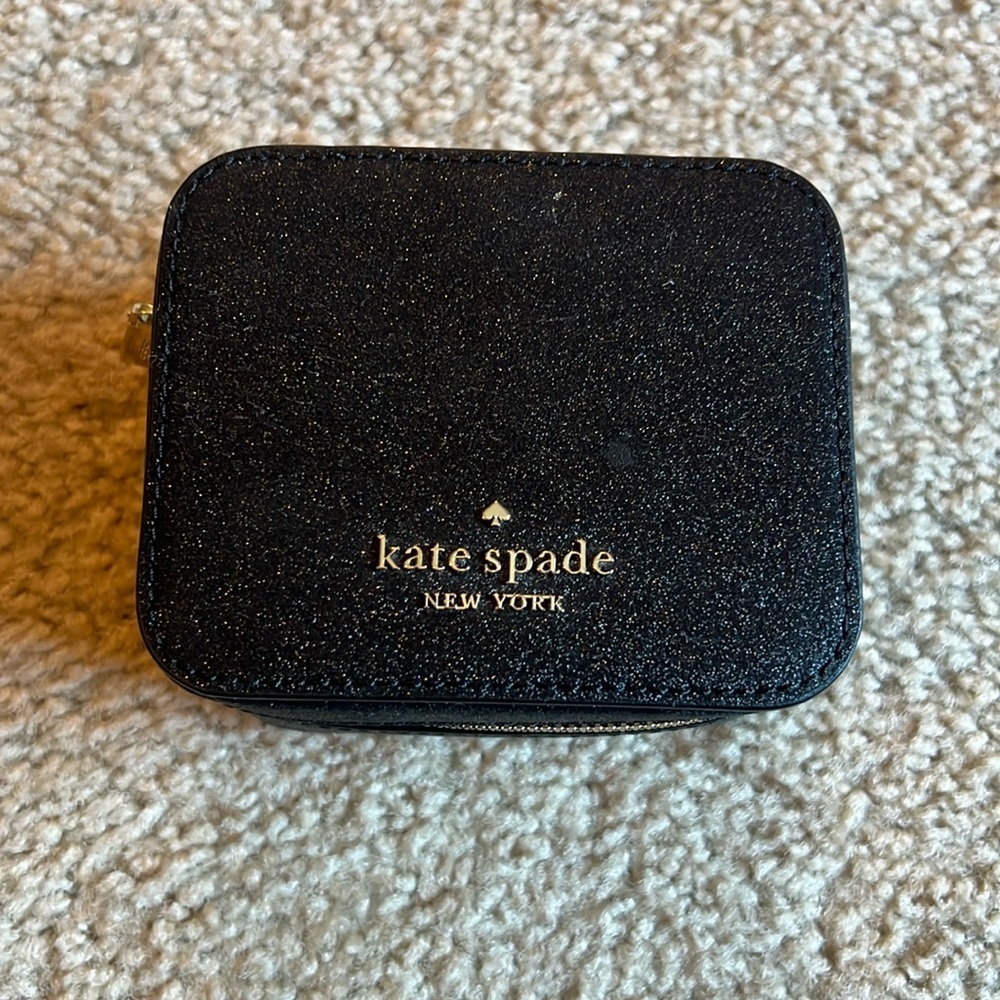 Kate Spade travel jewelry case black glitter zipper earrings ring travel